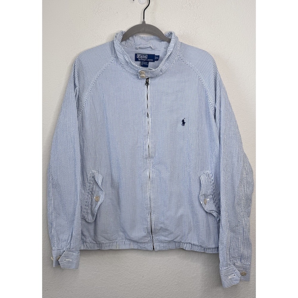 Vtg 90s Polo Ralph Lauren Full Zip Jacket Men's XL Blue White Stripe Seersucker